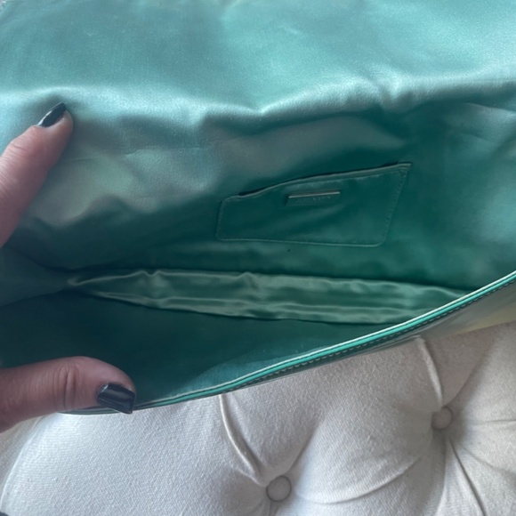 Auth Prada Ombre Turquoise/Yellow Patent Leather Clutch w/mirror Satin Purse bag - Picture 10 of 15